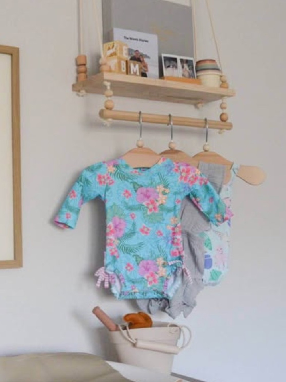 Nursery Handmade hanging display shelf with wooden hangers - Picture 2 of 3